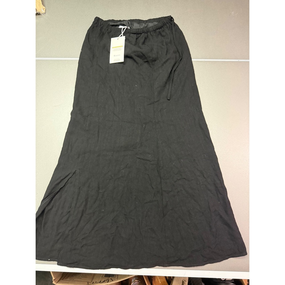 ELLEVEN Black Rayon Linen Blend Maxi Skirt Side Slit Elastic Waist NWT Size S